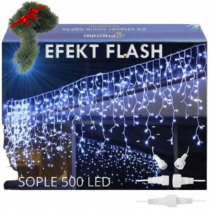 ŚWIĄTECZNE LAMPKI SOPLE BIAŁE 500 LED 20m ŁAŃCUCH GRATIS STAŁE + FLASH