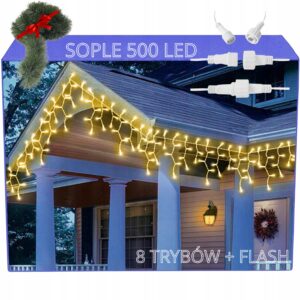 ŚWIĄTECZNE SOPLE CIEPŁE 500LED 20m 8 TRYBÓW GRATIS