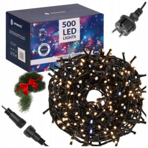 ŚWIATEŁKA LAMPKI LED ZEWNĘTRZNE CHOINKOWE BIAŁE CIEPŁE +FLASH 500LED 31,5m