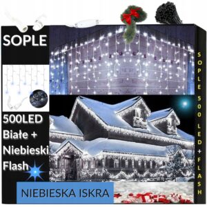 Sople 500LED Lampki Zewnętrzne Białe Niebieski FLASH IP44 ŚWIĄTECZNE 3w1