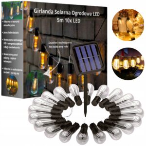 Girlanda Ogrodowa Solarna Świetlna 10 LED 5m IP65 Wodoodporna Lampki Ledowe