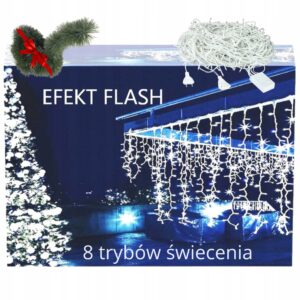 ŚWIĄTECZNE SOPLE BIAŁE 300LED 12m 8 TRYBÓW +GRATIS